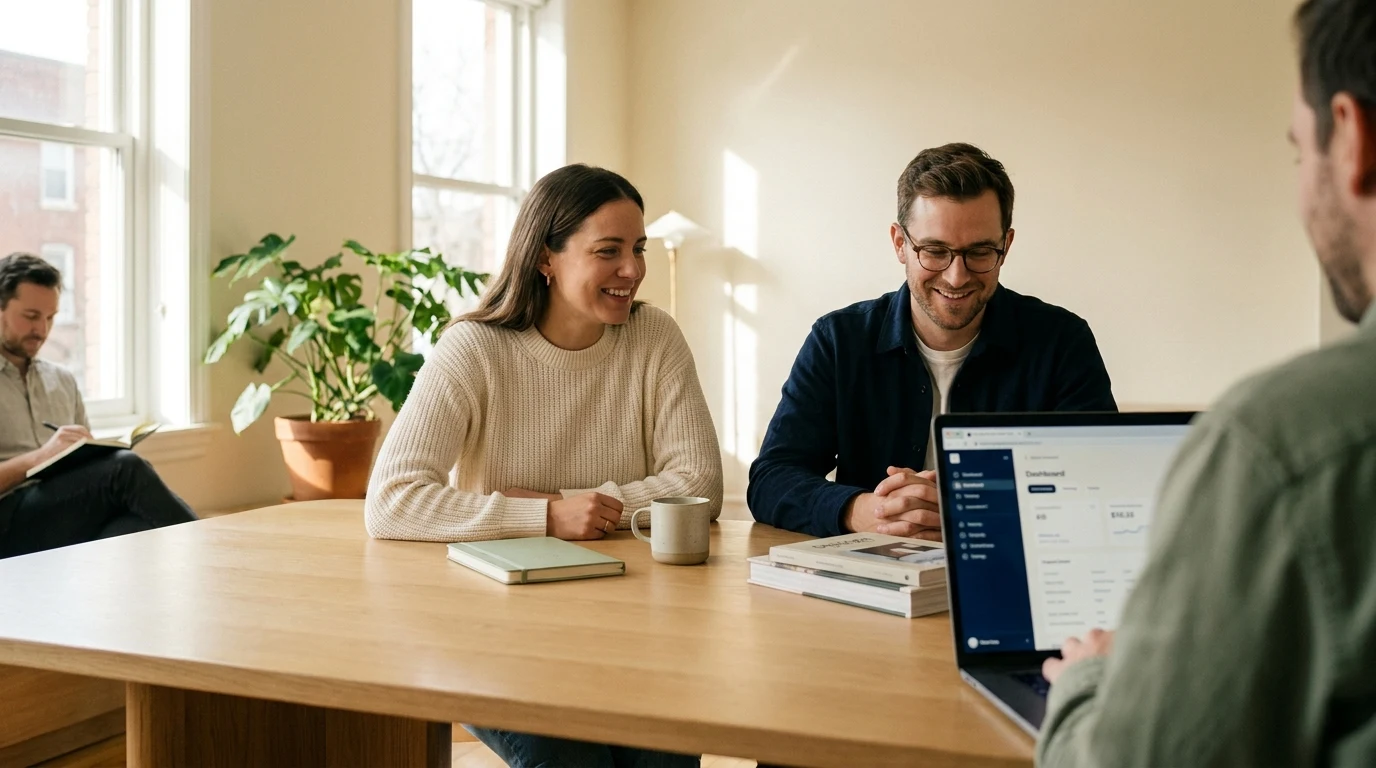 A product team sharing a clear next step over a laptop in a sunlit studio