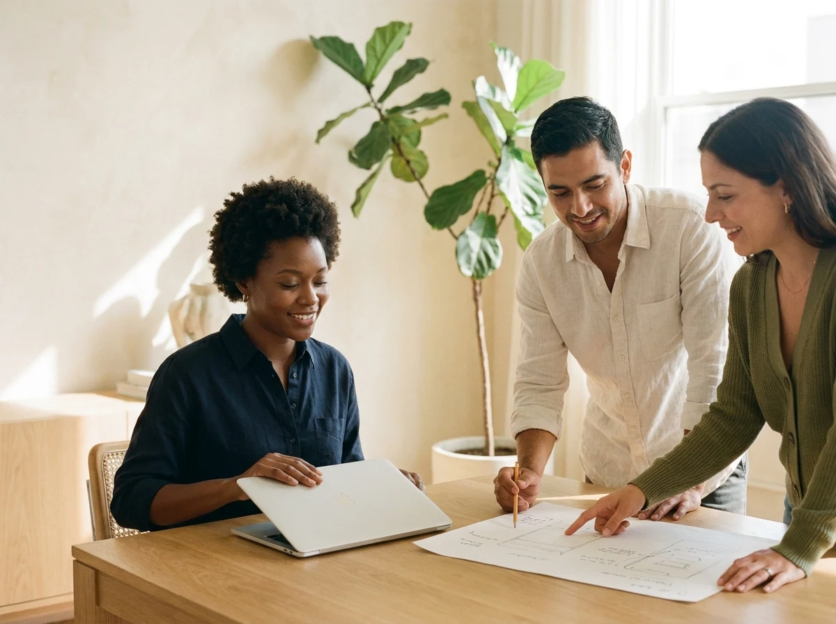 Three teammates finishing a product review and making room for their next creative idea